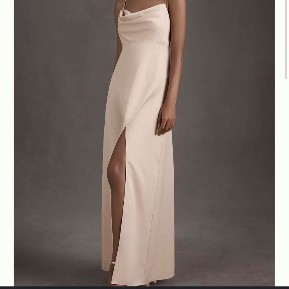 BHLDN Anthropologie Remy Cowl Neck Faux Wrap Satin Gown Blush Rose 💕